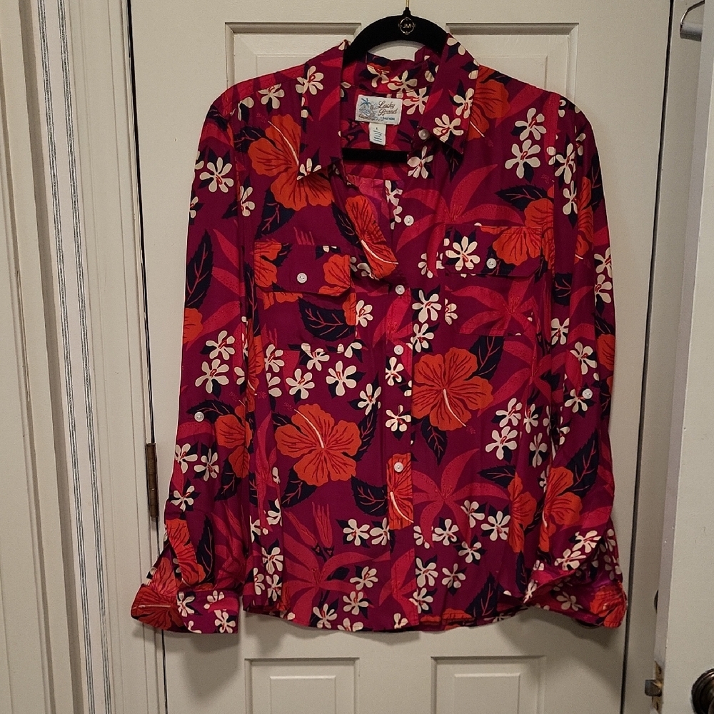 Lucky Brand  Silk Red and Pink Floral Button Down Shirt